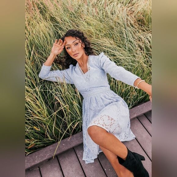 Jessakae Leah Ryder Felicia Blue Lace Long Sleeve Flare Mini Dress Size … - Picture 3 of 12